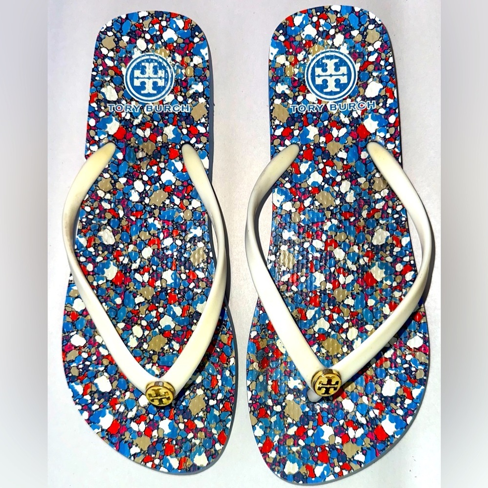Tory Burch Festival Linosa Logo Thongs Sandals Leather Upper Blue‎ Shoes 8